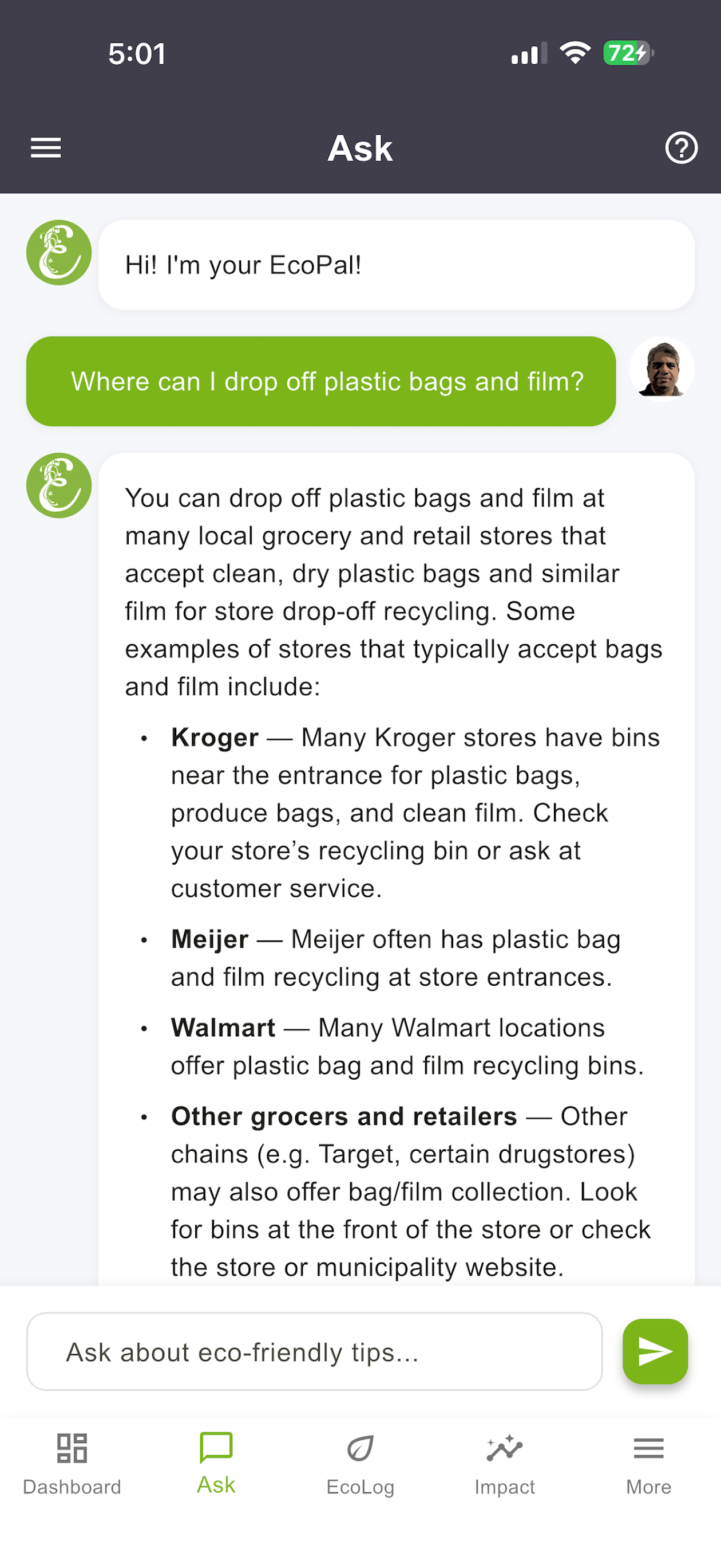 EcoPal Ask screen