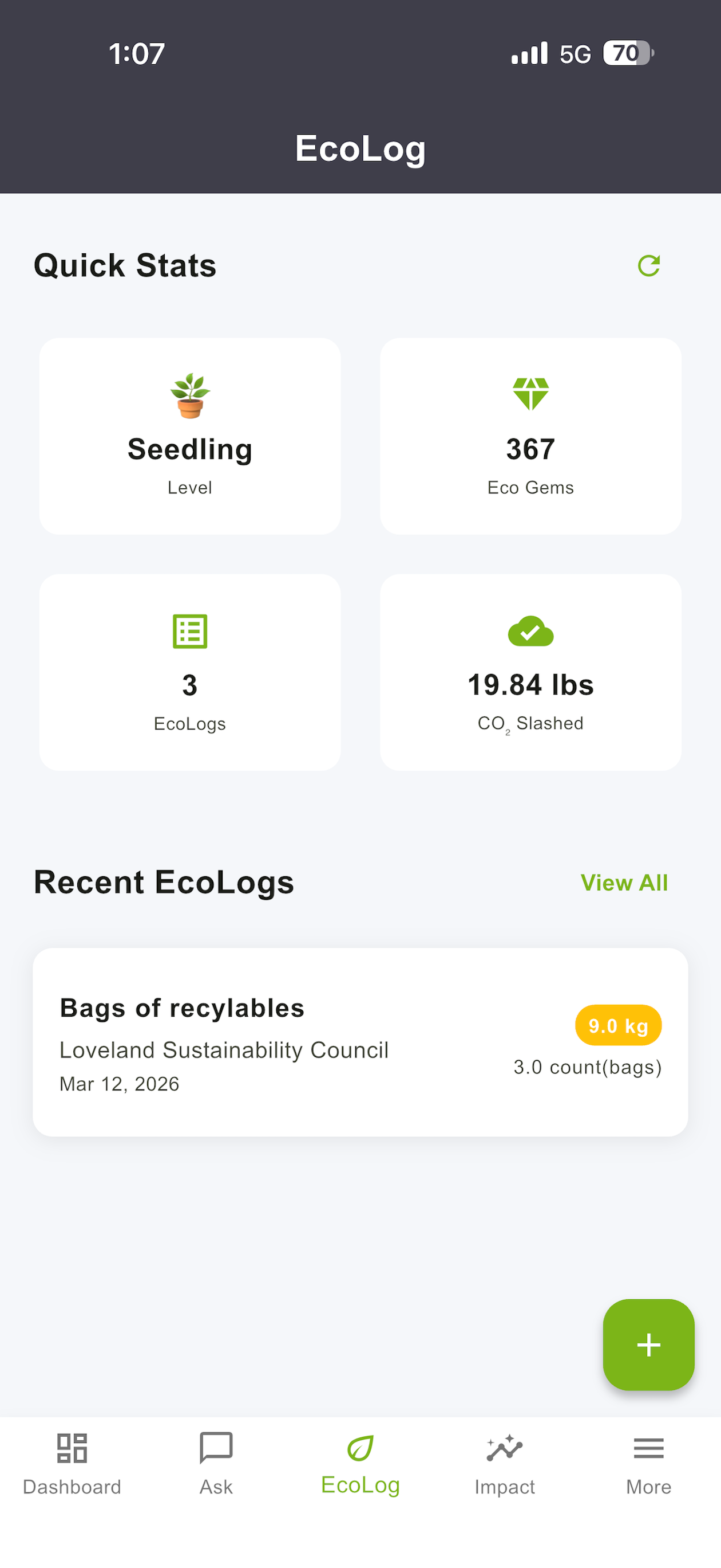 EcoPal EcoLog screen