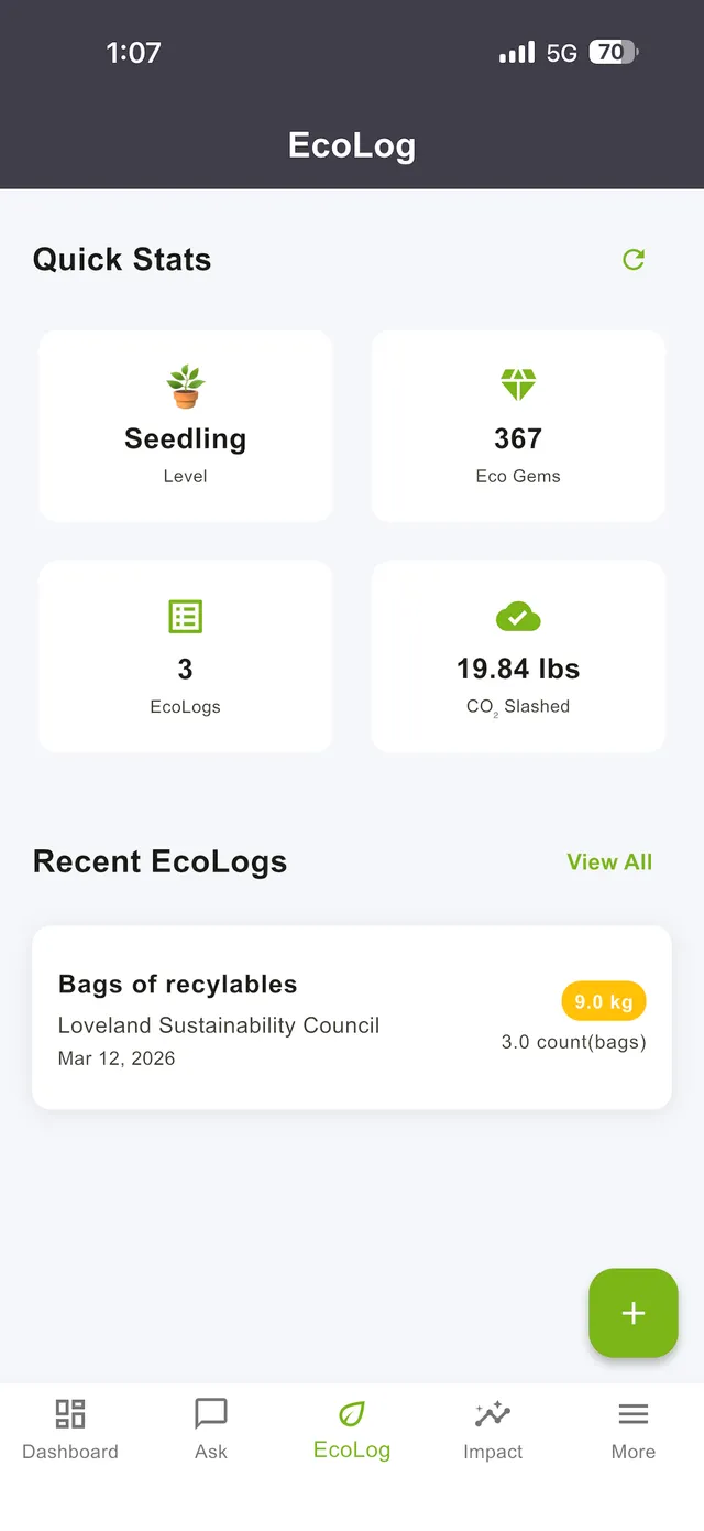 EcoPal EcoLog screen