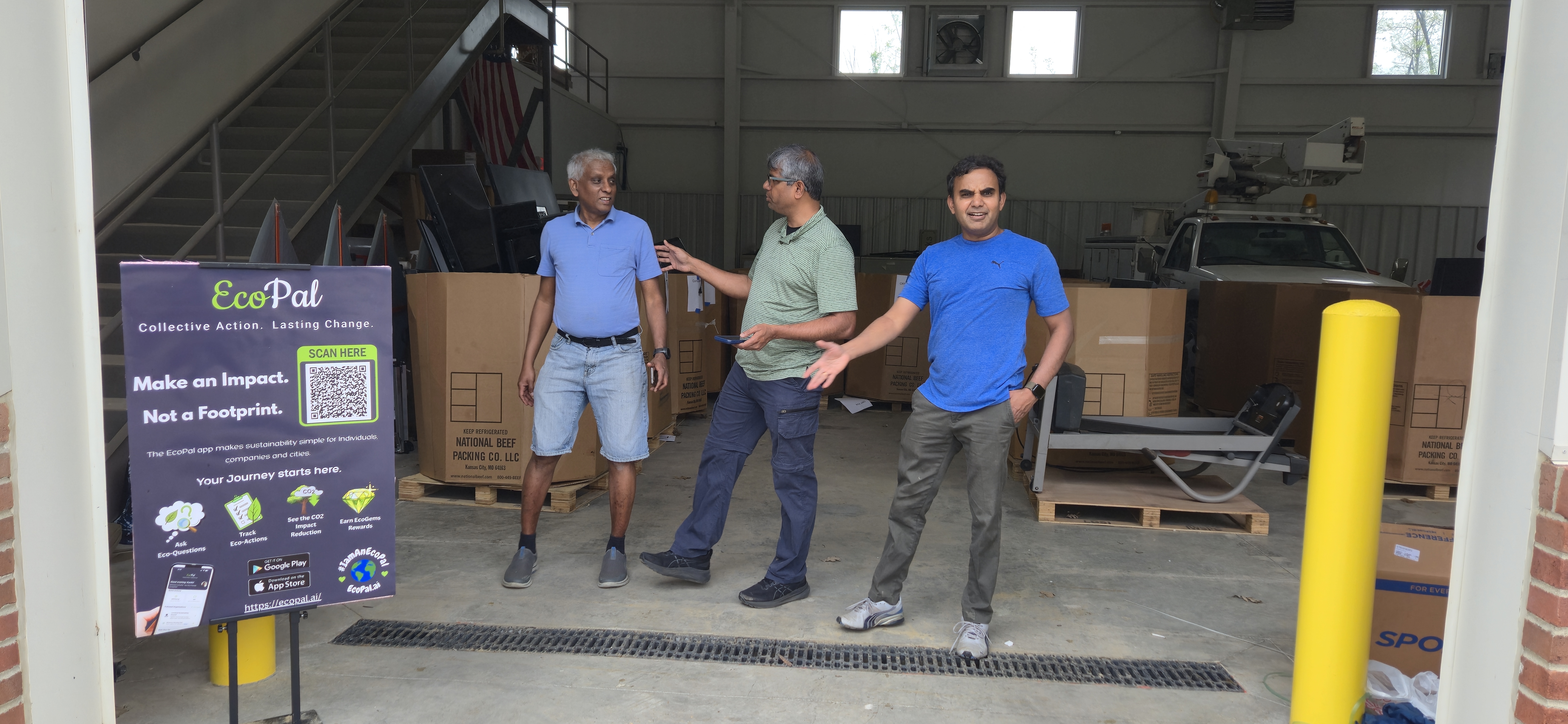 EcoPal team collecting, weighing, and logging items in the EcoPal app.