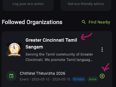 EcoPal Followed Organizations: Greater Cincinnati Tamil Sangam with Chithirai Thiruvizha 2026 event and add button