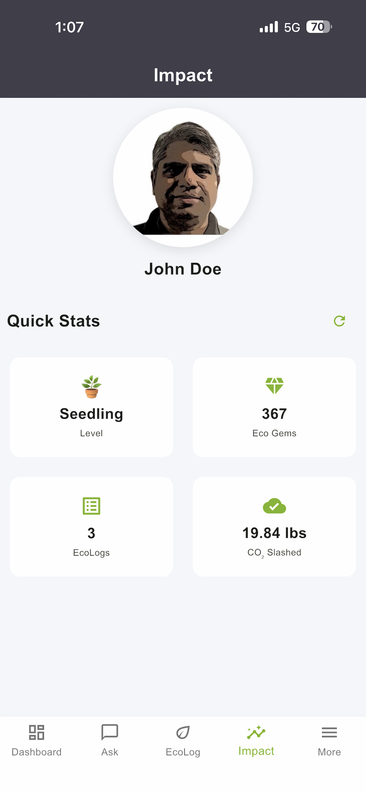 EcoPal Impact screen with Quick Stats