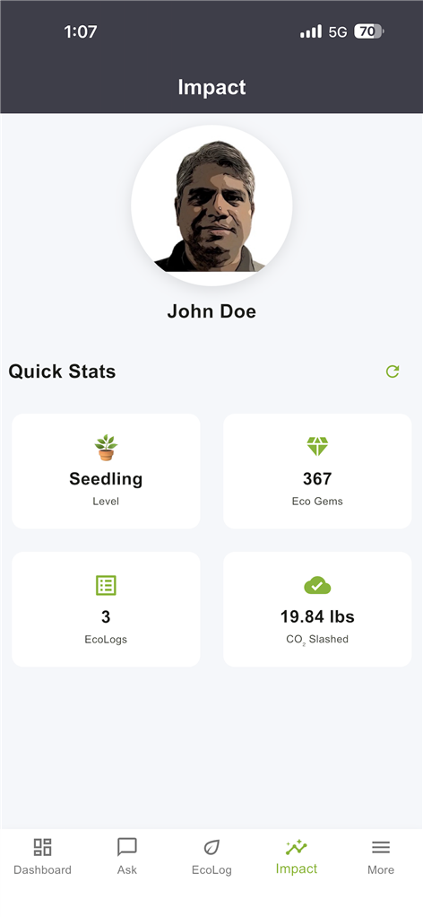 EcoPal Account screen with Quick Stats and rewards after check-in