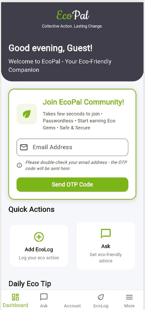EcoPal sign-in screen with email and one-time code