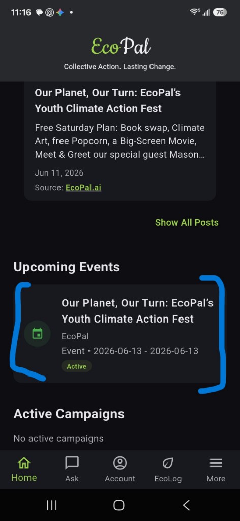 EcoPal home screen showing Youth Climate Action Fest under Upcoming Events